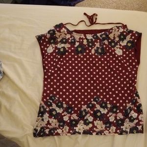 Floral and polka dot blouse deep red